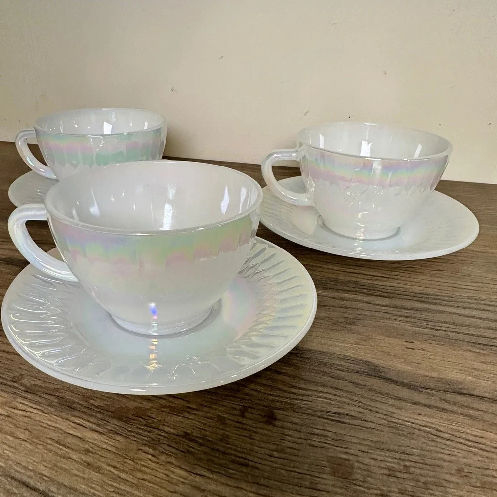 Federal Glass Moonglow Iridescent Tea Cup Saucer Set Vintage 1960s Lustre 6pc